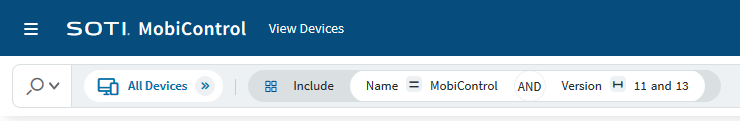 Advanced search using an Apps extended property object. This search returns devices with applications containing "SOTI MobiControl" in their name AND whose version is between 11 and 13.